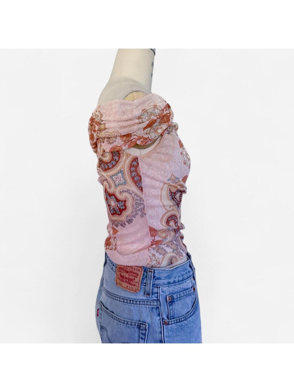 Vintage Y2K Pink Paisley Floral Mesh Off The Shoulder Top in Blush - Picture 3 of 6